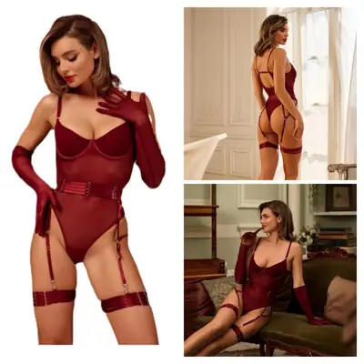 Net Plain Comfortable And Lightweight Lingerie Set with Golves & Garter Belt / BodySuit For Sleepwear thumbnail 2