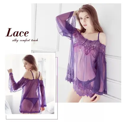 2 Pcs Imported Short Nighty & Panty / Net Lace Comfortable And Lightweight Nightwear Set thumbnail 2