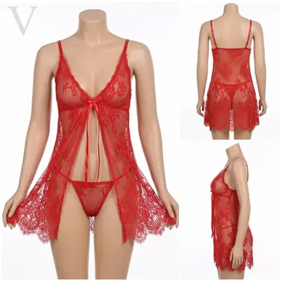 Net Lace Comfortable And Lightweight Nightwear Set / Imported Short Nighty With Panty