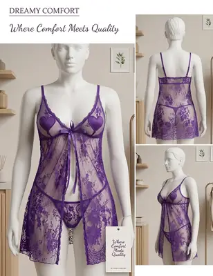 Short Front Open Nighty & Panty / Net Lace Comfortable And Lightweight Nightwear Set