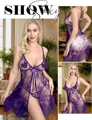 Short Front Open Nighty & Panty / Net Lace Comfortable And Lightweight Nightwear Set thumbnail 2