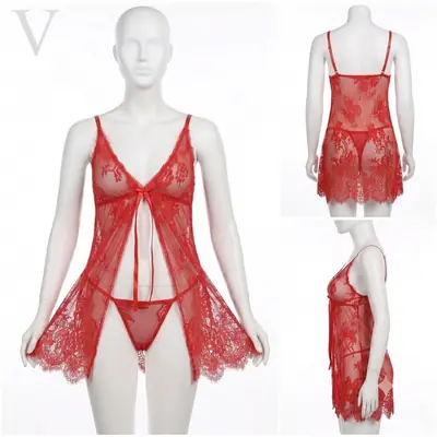 Short Front Open Nighty & Panty / Net Lace Comfortable And Lightweight Nightwear Set