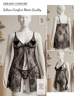 Short Front Open Nighty & Panty / Net Lace Comfortable And Lightweight Nightwear Set