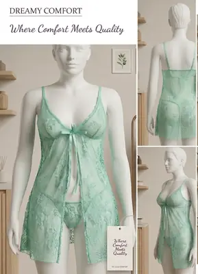 Short Front Open Nighty & Panty / Net Lace Comfortable And Lightweight Nightwear Set