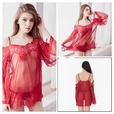 2 Pcs Imported Short Nighty & Panty /Net Lace Nightwear Set