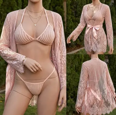 Women’s 3-Piece Lace Robe & Lingerie Set / Net Nighty Bikini