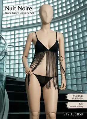 Women’s Black Fringe Chemise & Thong Lingerie Set / Nighty 