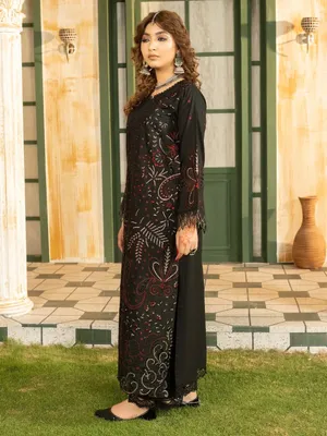 Lehran - U4B Women's Stitched Embroidered Lawn Suit - 3 Pcs In Black thumbnail 2