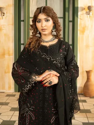 Lehran - U4B Women's Stitched Embroidered Lawn Suit - 3 Pcs In Black thumbnail 6