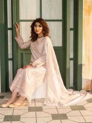 Ziya - U5B Stunning Embroidered Lawn Suit for Women - 3 Pcs Set in Beige thumbnail 7