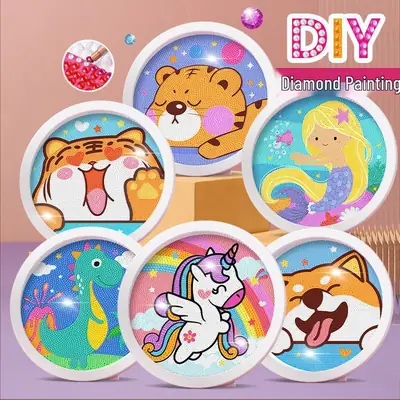 3D DIY Diamond Painting Kit  with frame - Full Drill Round - Cute Cartoon  - Random Design - Kids Wall Decor - Birthday Gift for Girls - Stress Relief Hobby - All Tools Included