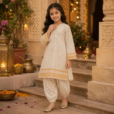 Charming Girls' Cotton Printed Kurta and Shalwar - 2 Pcs Ivory Set