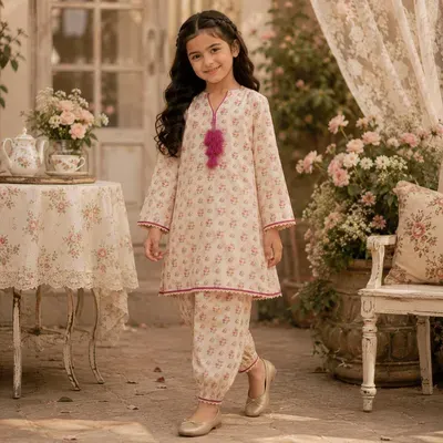 Girl's Cotton Printed Kurta and Shalwar Ditsy Set- 2 Pcs
