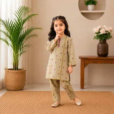Girl's Summer Embroidered Kurta Set - Beige