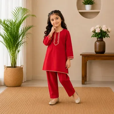 Girl's Classic Red Kurta And Trouser Set - 2 Pcs