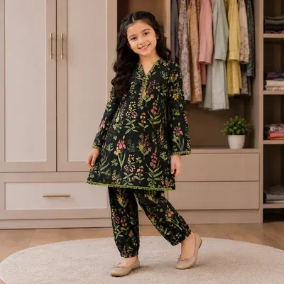 Stylish Bloom Kurta And Trouser Set for Girls - 2 Pcs
