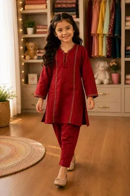 Stylish Girls' Kurta and Trouser Set – 2 Pcs Cotton Outfit