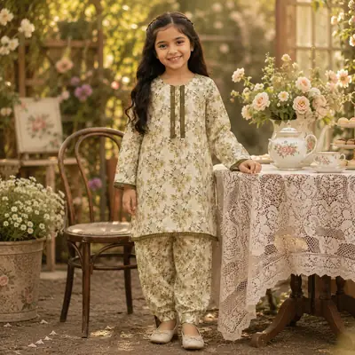 Girls' Printed Cotton Kurta and Trouser Set - 2 Pcs