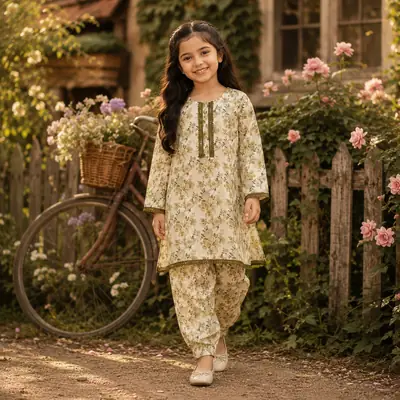 Girls' Printed Cotton Kurta and Trouser Set - 2 Pcs thumbnail 4