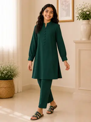 Chic Green Georgette Kurta And Trouser Set for Girls - 2 Pcs