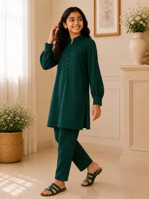 Chic Green Georgette Kurta And Trouser Set for Girls - 2 Pcs thumbnail 3
