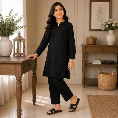 Stylish Black Georgette Kurta and Trouser Set for Girls - 2 Pcs