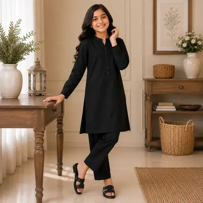 Stylish Black Georgette Kurta and Trouser Set for Girls - 2 Pcs thumbnail 2