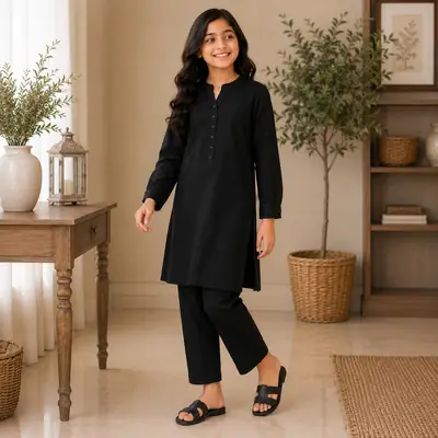Stylish Black Georgette Kurta and Trouser Set for Girls - 2 Pcs thumbnail 3
