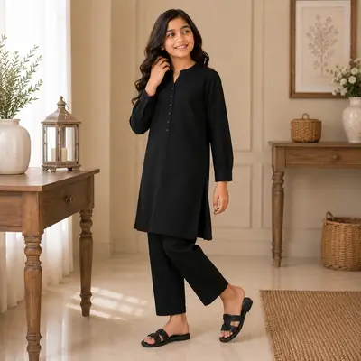 Stylish Black Georgette Kurta and Trouser Set for Girls - 2 Pcs thumbnail 4