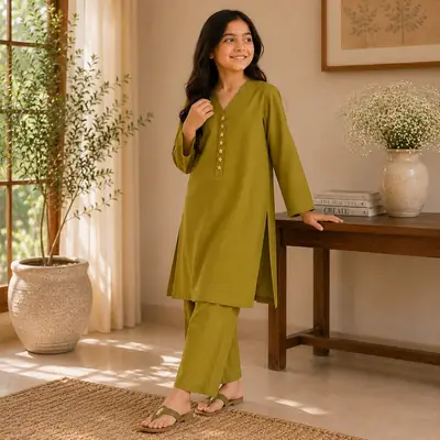 Stylish Girl's Kurta and Trouser Set - 2 Pcs in Green Georgette thumbnail 3