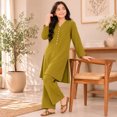 Stylish Girl's Kurta and Trouser Set - 2 Pcs in Green Georgette