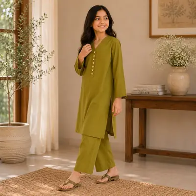 Stylish Girl's Kurta and Trouser Set - 2 Pcs in Green Georgette thumbnail 5