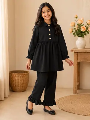 Stylish Girl's Kurta And Trouser Set - 2 Pcs Georgette Ensemble in Black
