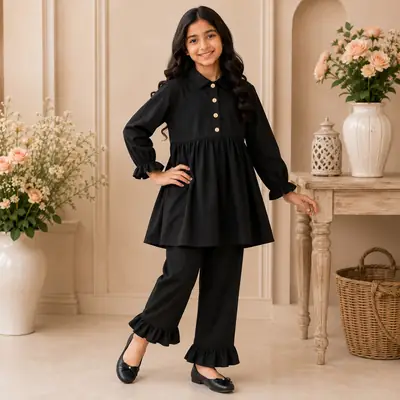 Stylish Girl's Kurta And Trouser Set - 2 Pcs Georgette Ensemble in Black thumbnail 2