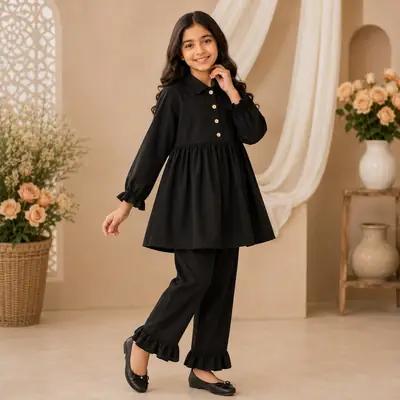 Stylish Girl's Kurta And Trouser Set - 2 Pcs Georgette Ensemble in Black thumbnail 4