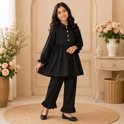Stylish Girl's Kurta And Trouser Set - 2 Pcs Georgette Ensemble in Black thumbnail 5