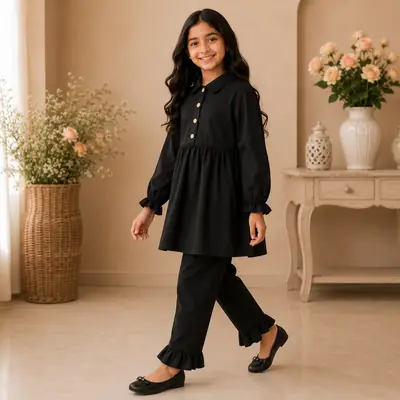 Stylish Girl's Kurta And Trouser Set - 2 Pcs Georgette Ensemble in Black thumbnail 6