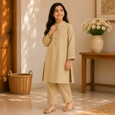 Stylish Beige Georgette Kurta And Trouser Set for Girls - 2 Pcs thumbnail 3