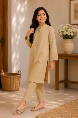 Stylish Beige Georgette Kurta And Trouser Set for Girls - 2 Pcs thumbnail 5