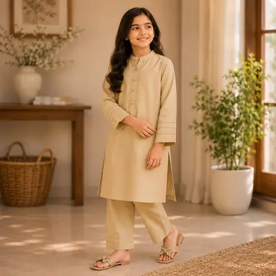 Stylish Beige Georgette Kurta And Trouser Set for Girls - 2 Pcs thumbnail 2
