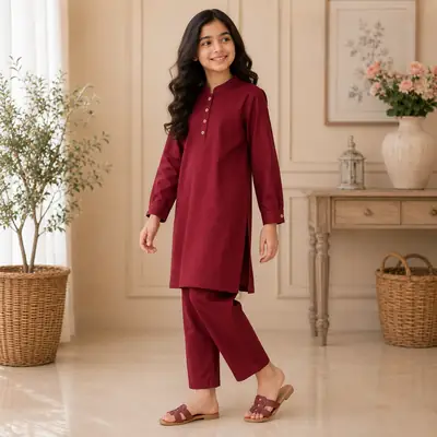 Stylish Maroon Georgette Kurta And Trouser Set for Girls - 2 Pcs thumbnail 2