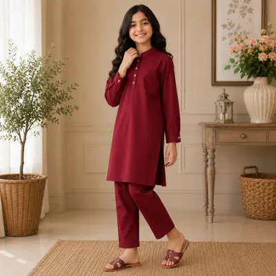 Stylish Maroon Georgette Kurta And Trouser Set for Girls - 2 Pcs thumbnail 5