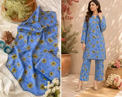 2 Pcs Women's Unstitched Digital Print Suit Sky Blue & Yellow thumbnail 2