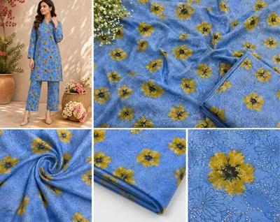 2 Pcs Women's Unstitched Digital Print Suit Sky Blue & Yellow thumbnail 3