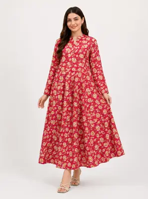 Red Gold Floral Printed 2 Piece Unstitched Suit Fabric