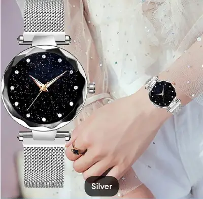 Silver crystal watch with black dial