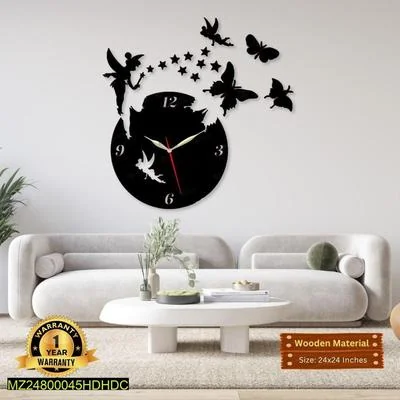Black Fairy Butterfly Wall Clock 24x24 MDF
