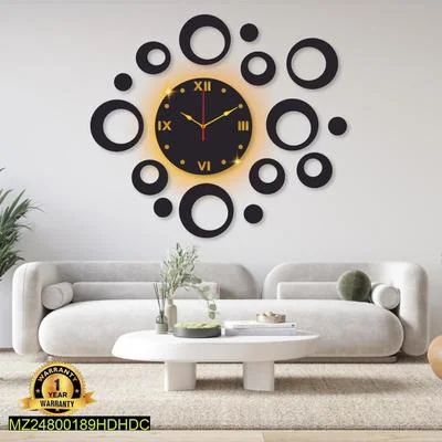 Modern Ring Wall Clock Black Gold Backlight for Living Room Office