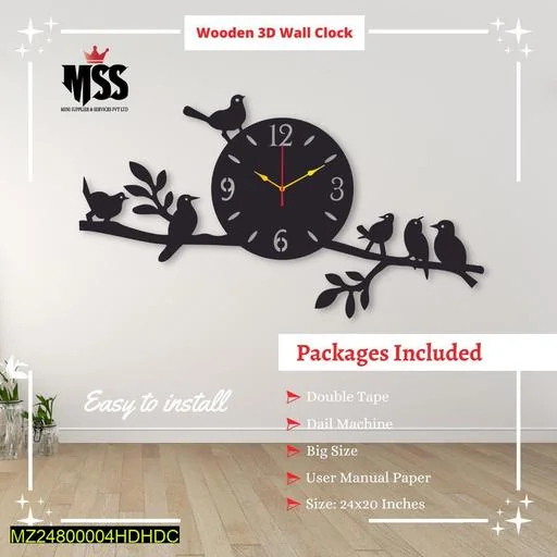3D Bird Wall Clock 24x20 MDF Modern Home Decor