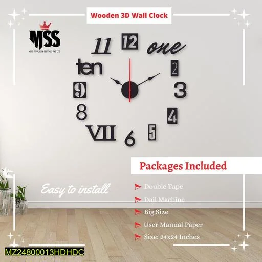 3D Wooden Wall Clock 24x24 MDF Modern Home Decor